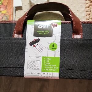 BNWT FAMILY CHEF Deluxe BBQ Tool Set with Brown Leather Handles